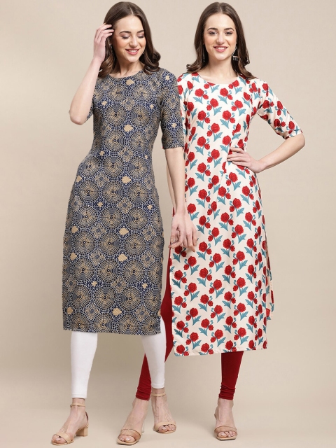 

KALINI Women Set Of 2 Blue & Red Floral Printed Block Print Crepe Kurta