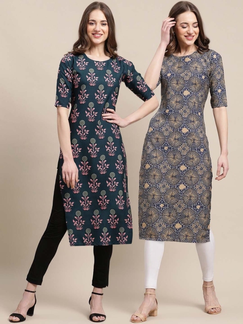 

KALINI Women Multicoloured Floral Printed Block Print Handloom Crepe Kurta, Multi