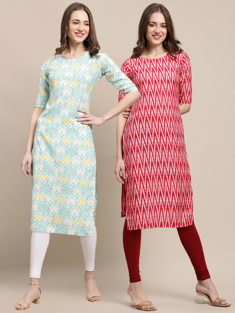

KALINI Women Pack Of 2 Red & Blue Geometric Printed Straight Crepe Kurta