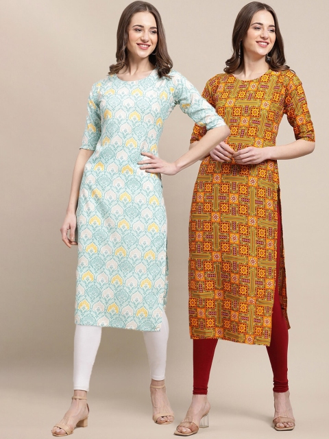 

KALINI Women Blue & Mustard Yellow Pack Of 2 Geometric Printed Block Print Crepe Kurta
