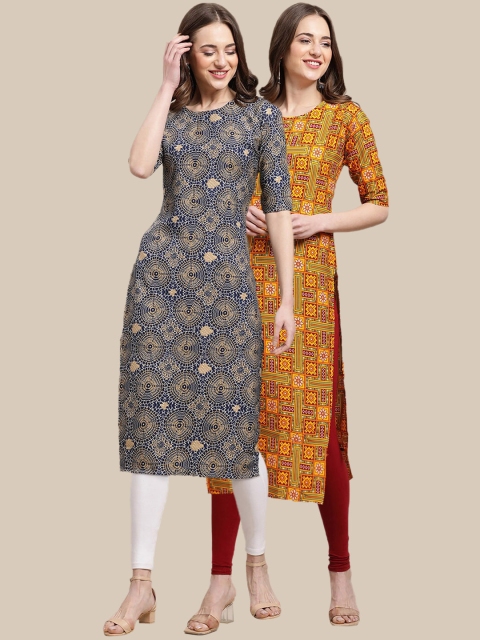 

KALINI Women Pack Of 2 Mustard & Blue Printed Crepe Straight Kurta