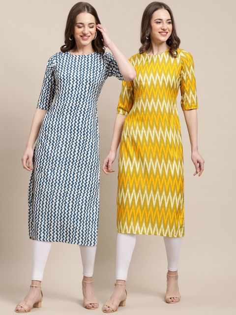 

KALINI Women Multicoloured Geometric Printed Thread Work Block Print Handloom Crepe Kurta, Multi