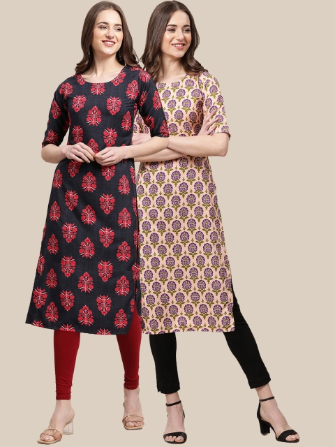 

KALINI Women Pack of 2 Black & Peach-Coloured Ethnic Motifs Printed Crepe Kurta