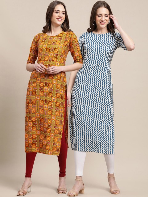 

KALINI Women Multicoloured Ethnic Motifs Printed Keyhole Neck Block Print Handloom Crepe Kurta, Multi