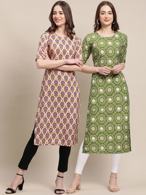 

KALINI Women Pack of 2 Green & Orange Geometric Block Print Crepe Kurtas