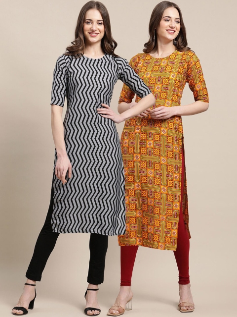 

KALINI Women Pack of 2 Black & Grey Ethnic Motifs Printed Block Print Crepe Kurtas