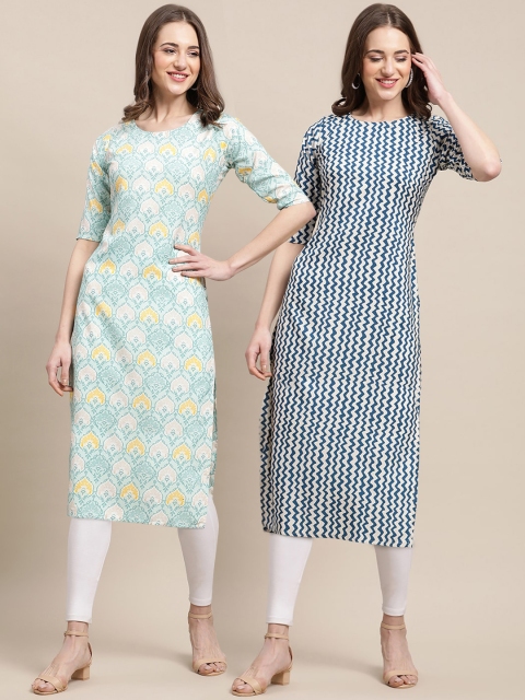 

KALINI Women Pack of 2 Off White & Blue Geometric Striped Block Print Crepe Kurtas