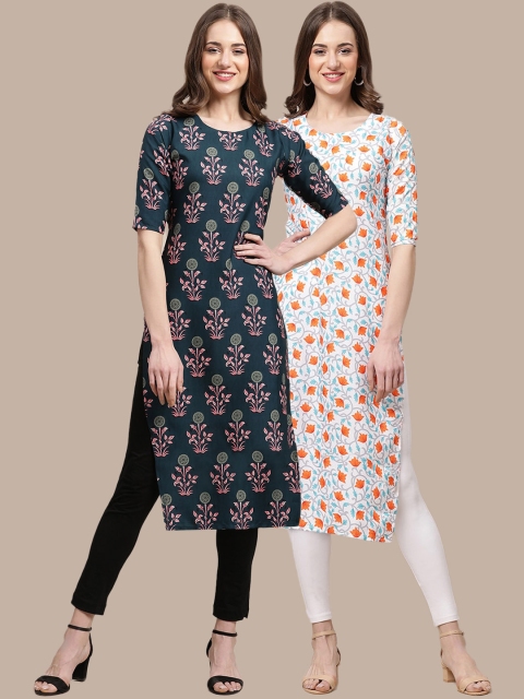 

KALINI PACK OF 2 Women Green & White Floral Printed Block Print Crepe Kurta