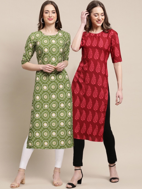 

KALINI Women Pack Of 2 Green & Red Ethnic Motifs Printed Crepe Kurta