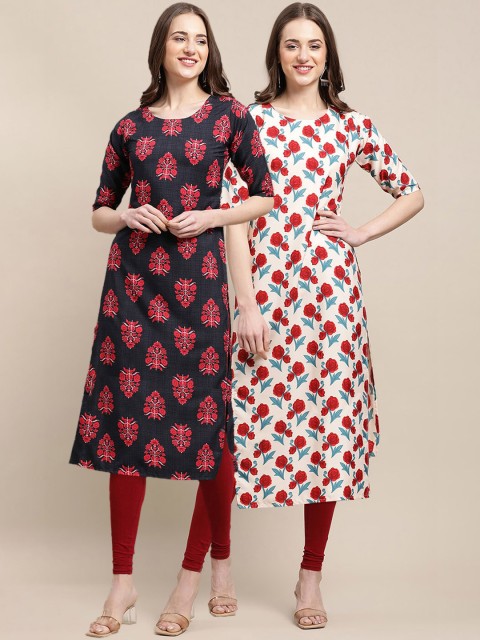 

KALINI Women Pack of 2 Navy Blue & Off White Ethnic Motifs Printed Crepe Kurta