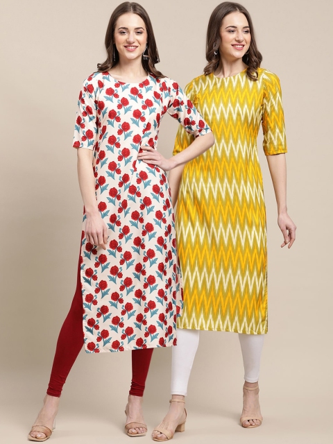 

KALINI Women Pack of 2 White & Green Floral Printed Crepe Kurta