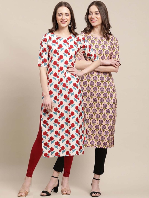 

KALINI WomenPack of 2 Block Print Handloom Crepe Kurta, Beige