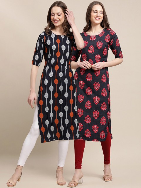 

KALINI PACK OF 2 Women Black Ethnic Motifs Printed Block Print Handloom Crepe Kurta