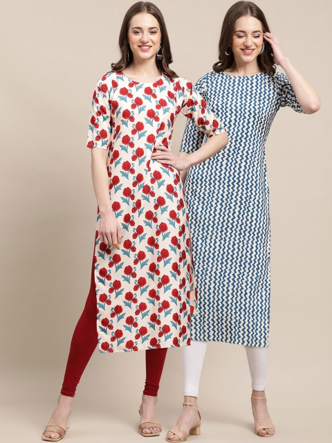 

KALINI Women Multicoloured Geometric Striped Flared Sleeves Thread Work Block Print Handloom Crepe Kurta, Multi