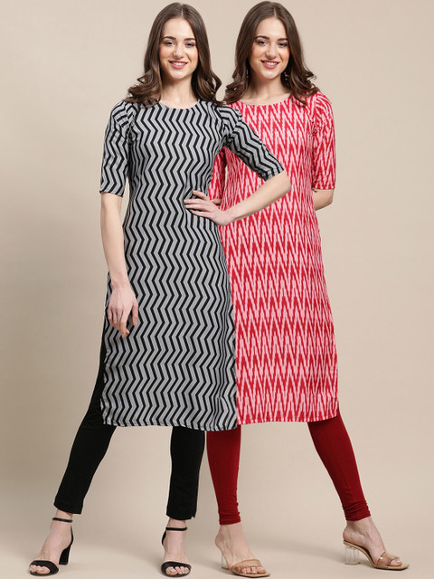 

KALINI Women Multicoloured Geometric Striped Flared Sleeves Gotta Patti Block Print Handloom Crepe Kurta, Multi