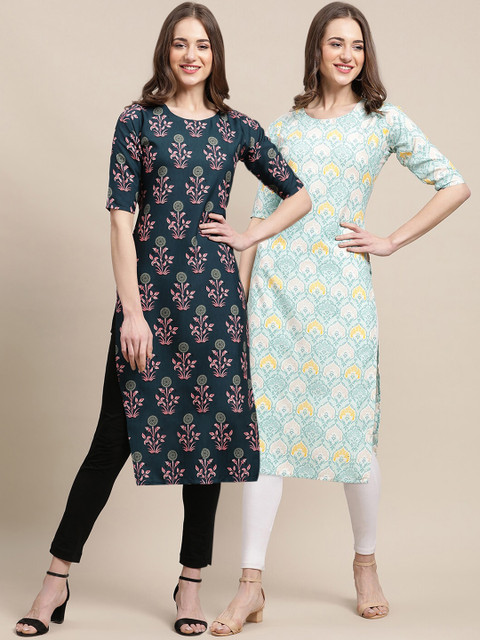 

KALINI Women Multicoloured Floral Printed Block Print Handloom Crepe Kurta, Multi