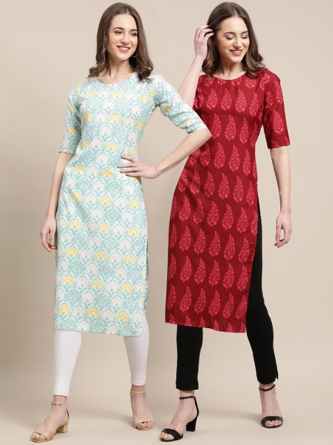 

KALINI Women Pack of 2 Green & Maroon Printed Crepe Kurta