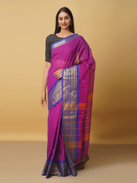

Unnati Silks Purple & Gold-Toned Woven Design Zari Pure Cotton Kanjeevaram Saree