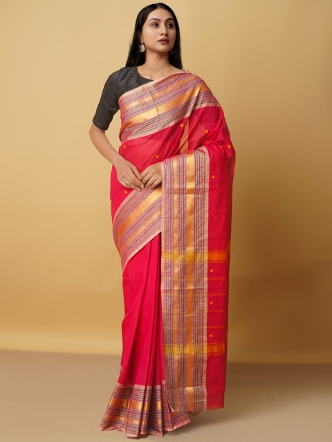 

Unnati Silks Red & Gold-Toned Woven Design Zari Pure Cotton Kanjeevaram Saree