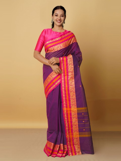 

Unnati Silks Purple & Gold-Toned Woven Design Zari Pure Cotton Kanjeevaram Saree