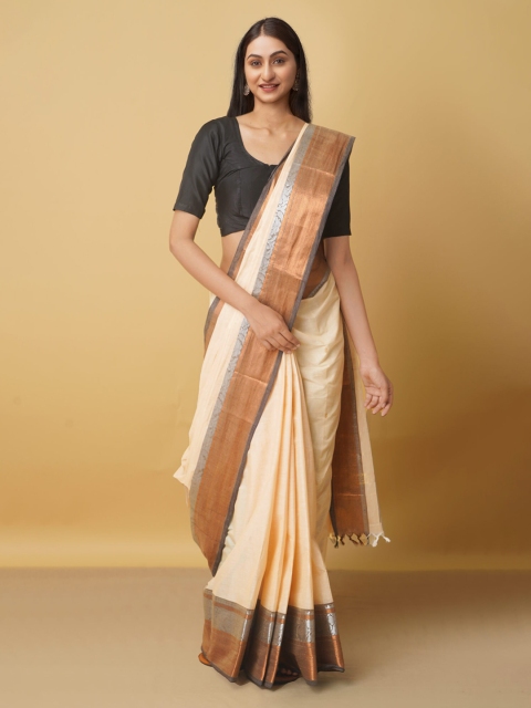 

Unnati Silks Cream & Copper-Toned Woven Design Zari Pure Cotton Kanjeevaram Saree