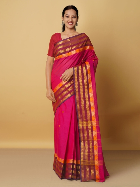 

Unnati Silks Pink & Gold-Toned Zari Pure Cotton Kanjeevaram Saree