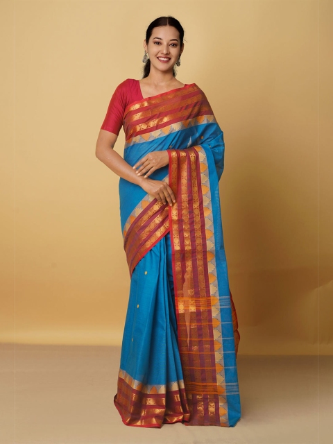 

Unnati Silks Blue & Red Woven Design Zari Pure Cotton Kanjeevaram Saree