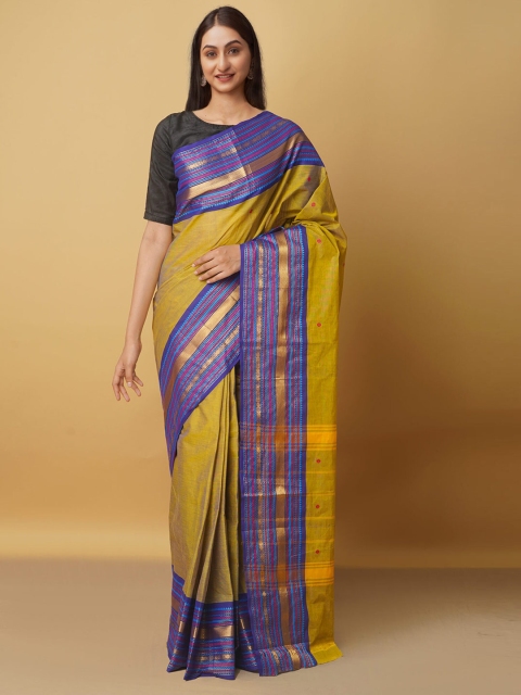 

Unnati Silks Women Gold-Toned & Blue Woven Design Zari Pure Cotton Kanjeevaram Saree