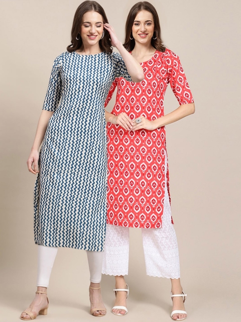 

KALINI Women Pack of 2 Blue & Red Digital Printed Crepe Straight Kurtas