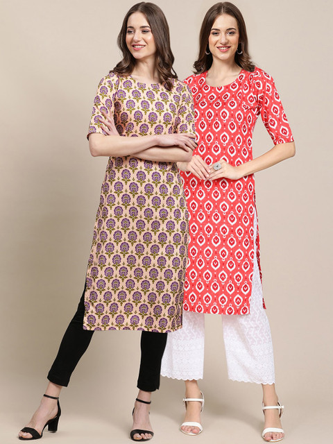 

KALINI Women Pack of 2 Beige & Red Geometric Printed Crepe Kurta