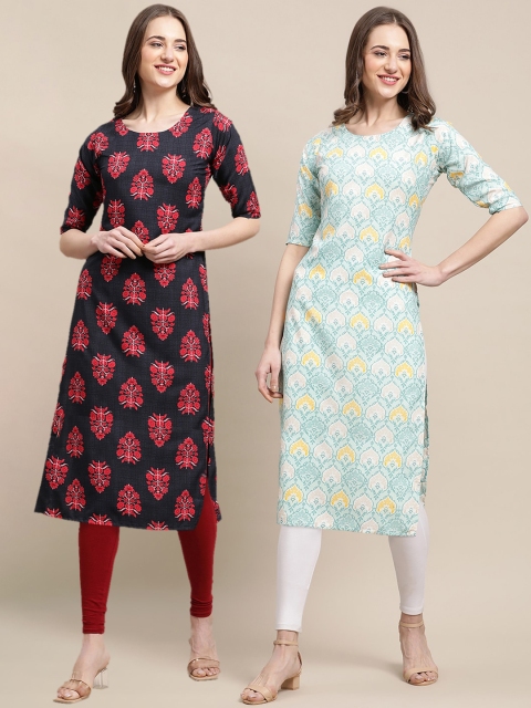 

KALINI PACK OF 2 Women Black & Blue Ethnic Motifs Printed Block Print Handloom Crepe Kurta
