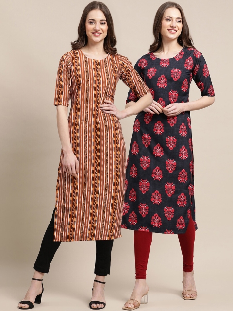 

KALINI PACK OF 2 Women Ethnic Motifs Printed Mirror Work Block Print Handloom Crepe Kurta, Black