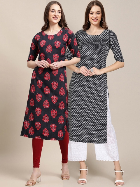 

KALINI Women Multicoloured Paisley Yoke Design Thread Work Block Print Handloom Crepe Kurta, Multi