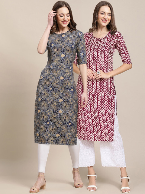 

KALINI Women Multicoloured Geometric Printed Keyhole Neck Mirror Work Block Print Handloom Crepe Kurta, Multi