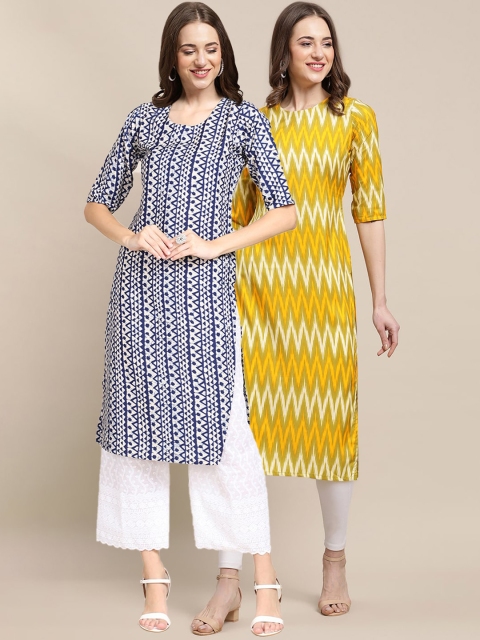 

KALINI Women Blue & Yellow Pack Of 2 Geometric Printed Crepe Kurta