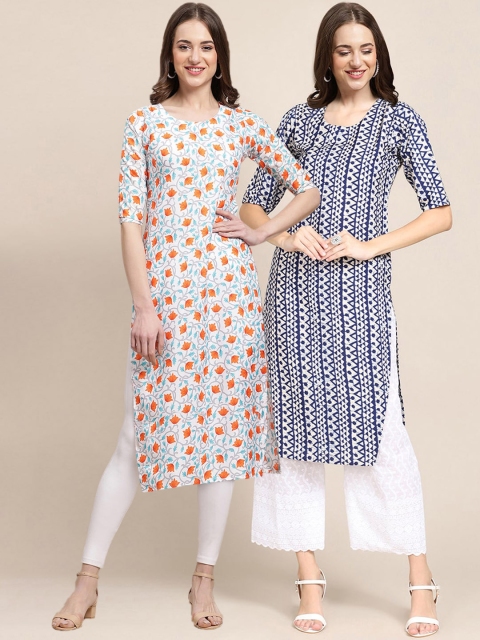 

KALINI Women Pack of 2 White & Blue Printed Crepe Kurta