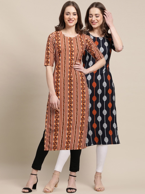 

KALINI Women Pack of 2 Beige & Navy Blue Printed Crepe Kurta