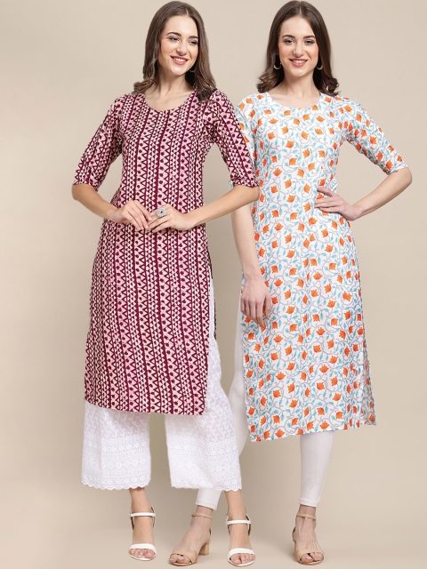 

KALINI PACK OF 2 Women Ethnic Motifs Printed Block Print Handloom Crepe Kurta, Maroon