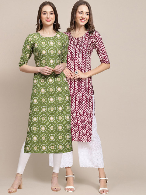

KALINI Women Pack of 2 Maroon & Green Printed Crepe Kurta