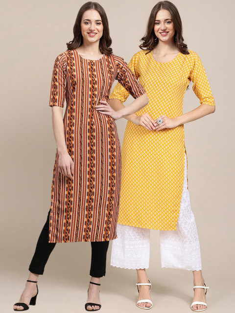 

KALINI Women Pack of 2 Maroon & Yellow Printed Crepe Kurta
