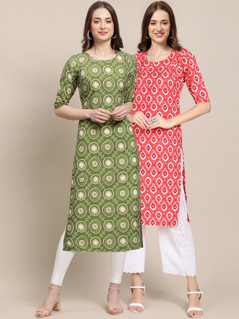 

KALINI PACK OF 2 Women Ethnic Motifs Printed Block Print Handloom Crepe Kurta, Green