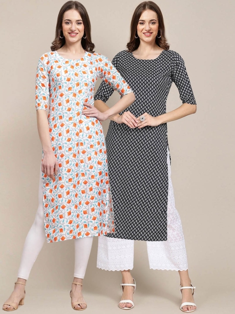 

KALINI PACK OF 2 Women Grey & Black Ethnic Motifs Printed Block Print Handloom Crepe Kurta