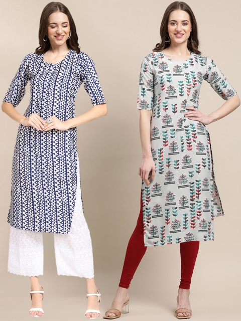 

KALINI Women Pack of 2 Beige & Blue Printed Straight Crepe Kurta