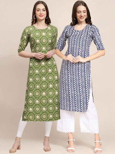 

KALINI Women Pack of 2 Blue & Green Printed Straight Crepe Kurta