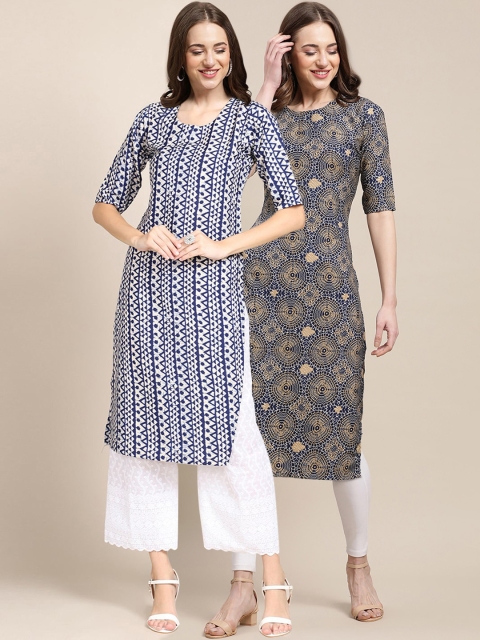 

KALINI Women Pack of 2 Beige & Blue Printed Straight Crepe Kurta