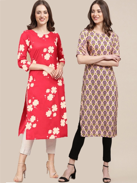

KALINI Women Pack of 2 Red & Beige Floral Printed Block Print Crepe Kurta