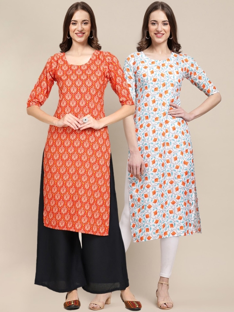 

KALINI Women Set Of 2 Orange & White Floral Printed Crepe Kurta