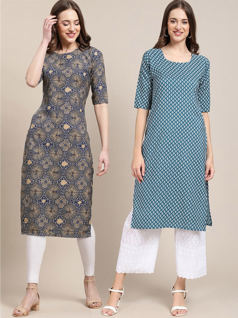 

KALINI Women Multicoloured Geometric Striped Flared Sleeves Thread Work Block Print Handloom Crepe Kurta, Multi