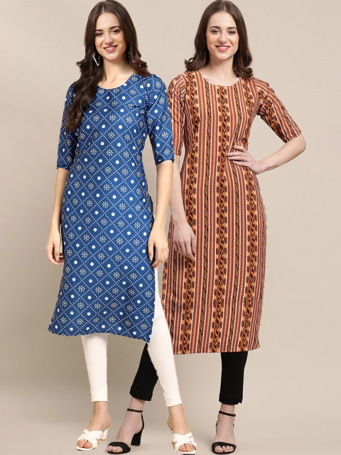 

KALINI Women Blue & Brown Pack Of 2 Geometric Printed Block Print Crepe Kurta