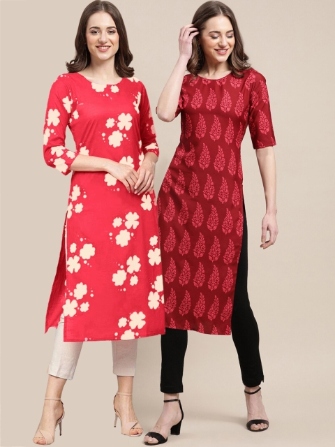 

KALINI Women Pack Of 2 Maroon & Coral Printed Crepe Straight Kurta